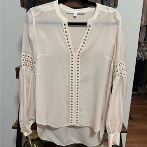 Veronica Beard Silk Blouse Cream Studded Trim Long Sleeve Boho Top